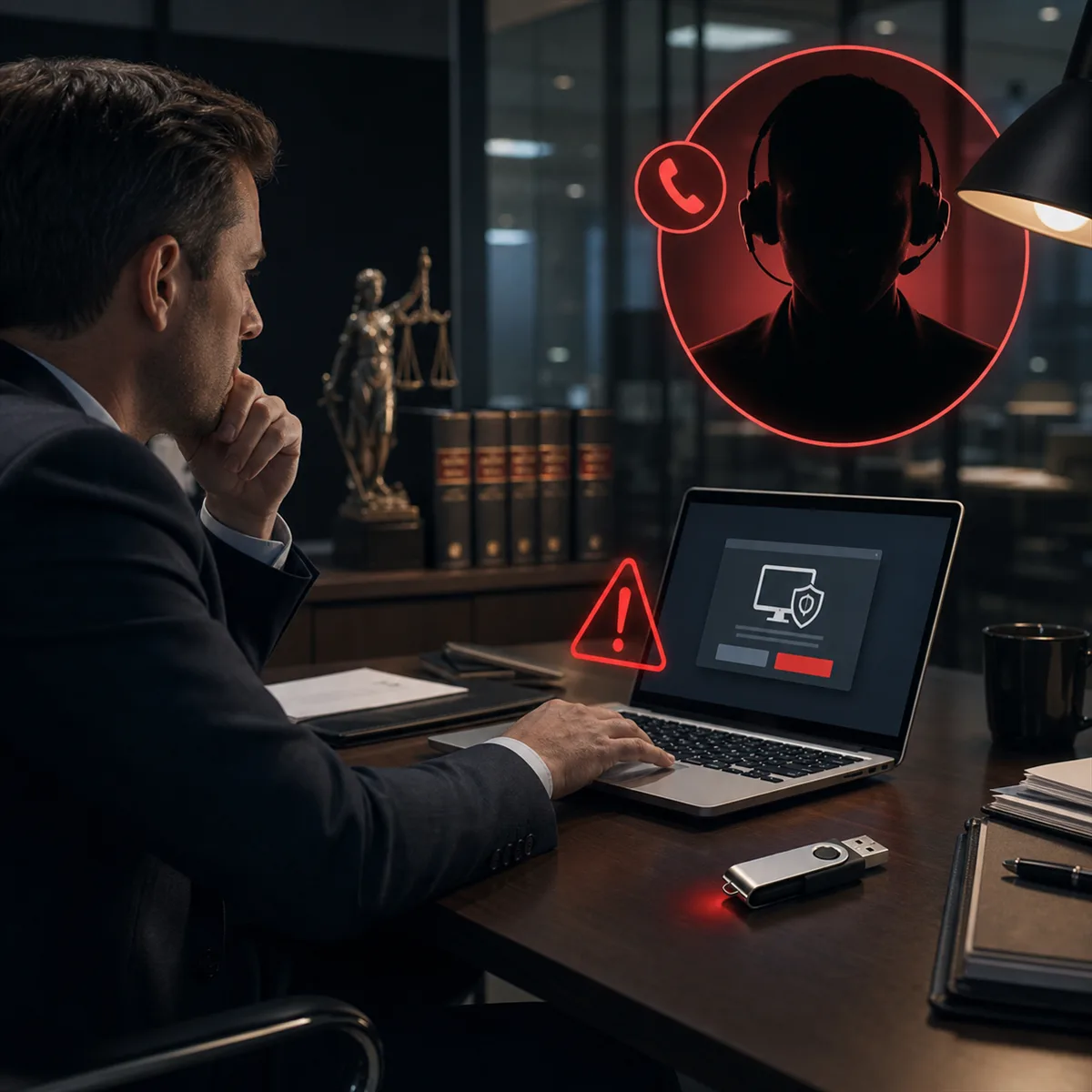 A business employee pauses before granting remote access to a caller pretending to be IT support.