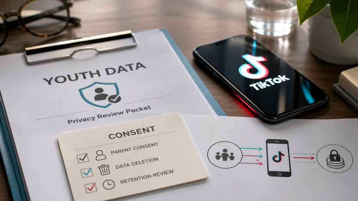 Editorial image showing a TikTok-branded phone beside a youth data privacy review folder and consent controls.