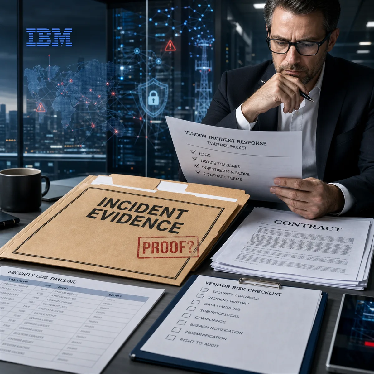 Business owner reviewing vendor incident response evidence beside abstract IBM and telecom infrastructure visuals.