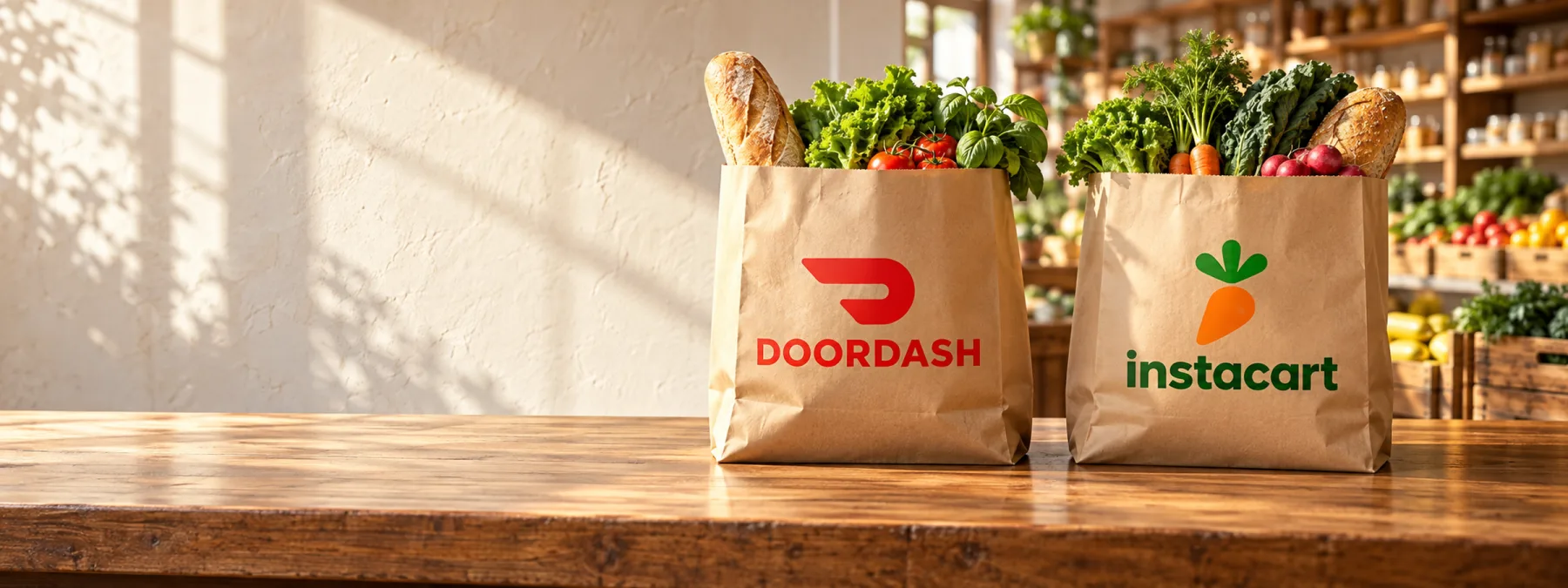 Two separate grocery bags marked DoorDash and Instacart stand on a sunlit neighborhood-store counter with fresh produce.