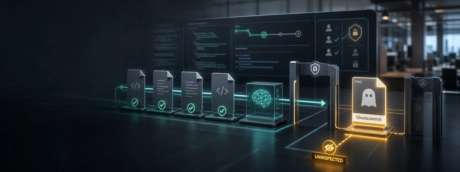 Editorial image showing an AI code review workflow missing a suspicious image file in a software repository.