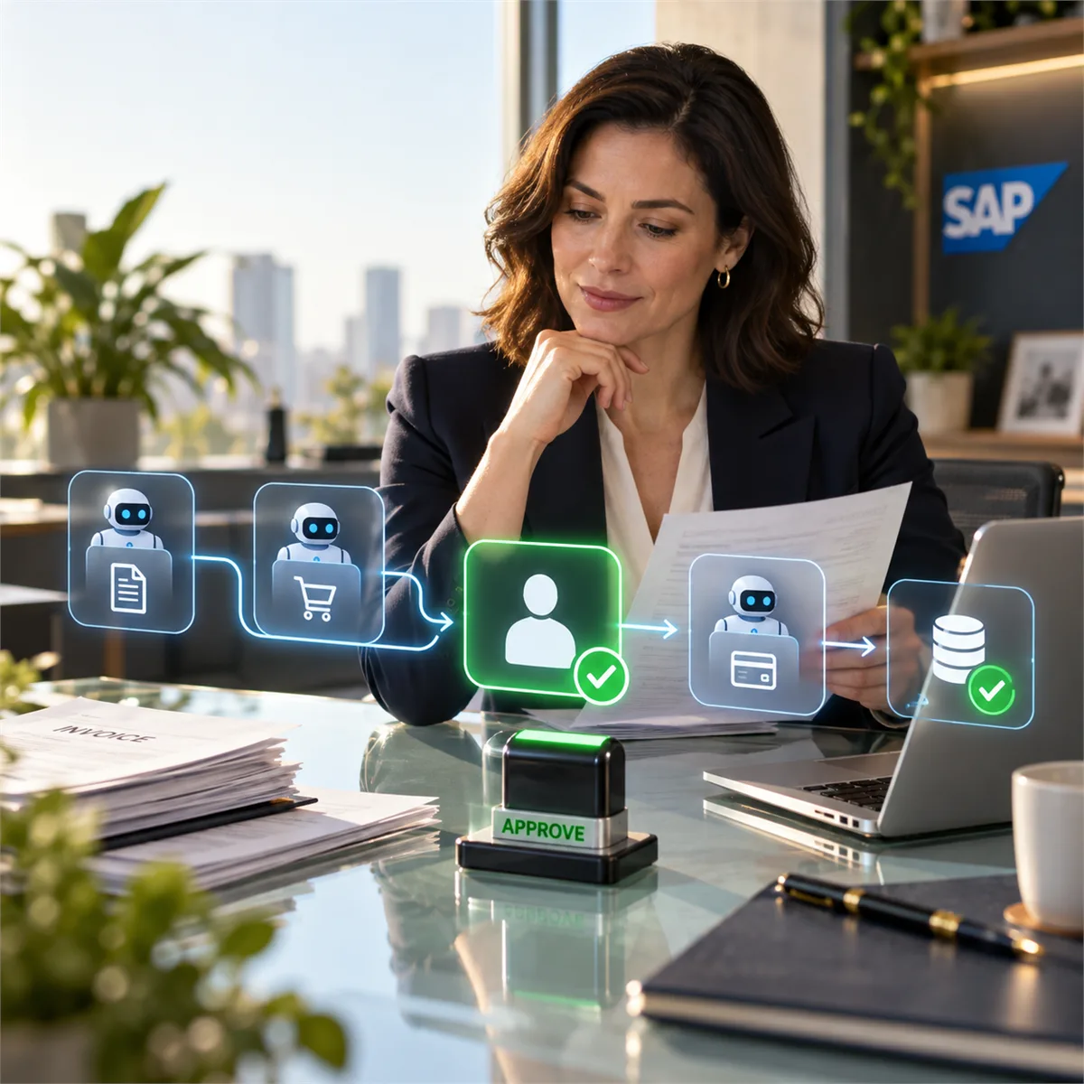 A business owner reviewing AI approval controls for ERP agents and embedded payment workflows.
