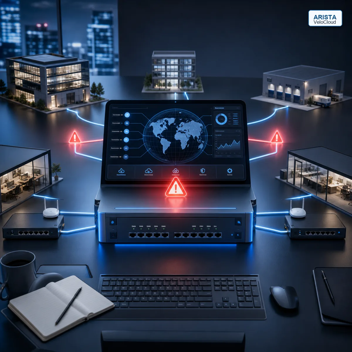 Editorial image of an SD-WAN network control plane under review after an Arista VeloCloud security warning.