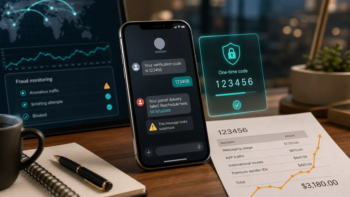 Business messaging fraud review showing customer text alerts, one-time passcodes, and monitoring controls on a professional operations desk