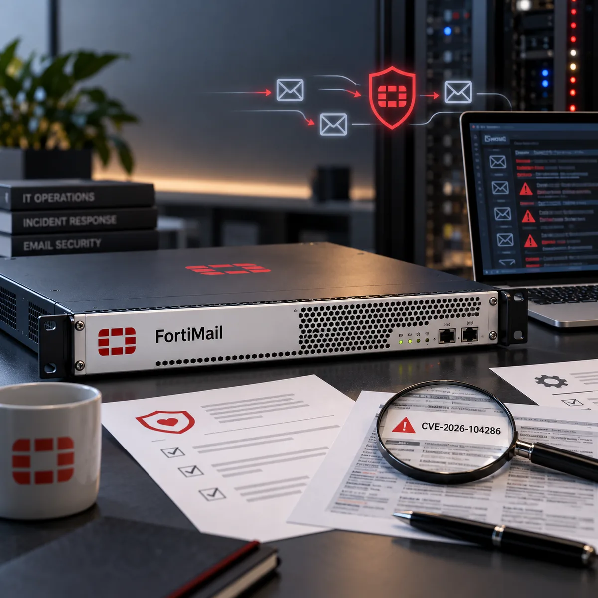 Editorial image of a Fortinet FortiMail email security gateway under review with patch evidence and compromise-check records.
