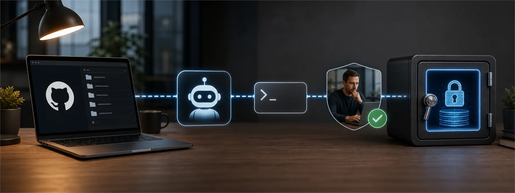 A developer workstation review scene with code repositories, approval controls, and protected credentials represented visually.