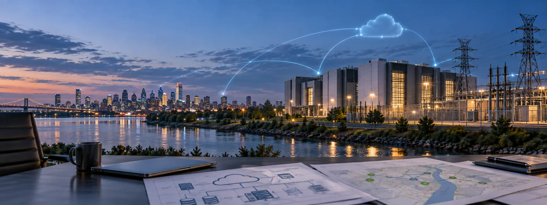 Business owner reviewing cloud and data center planning notes with regional infrastructure visible in the background
