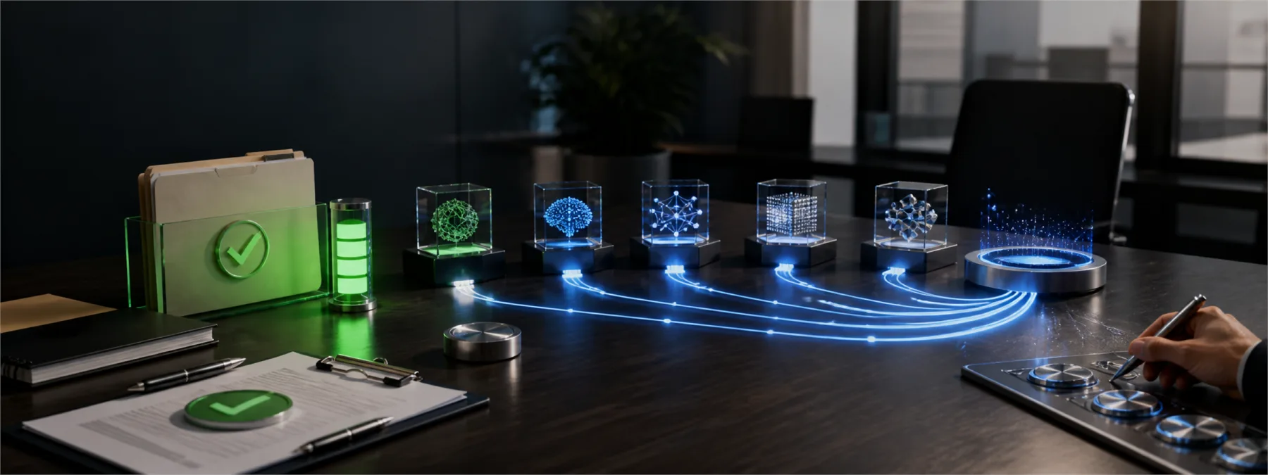 Editorial image of AI model routing controls, token spending, and business budget approval on a modern operations desk.