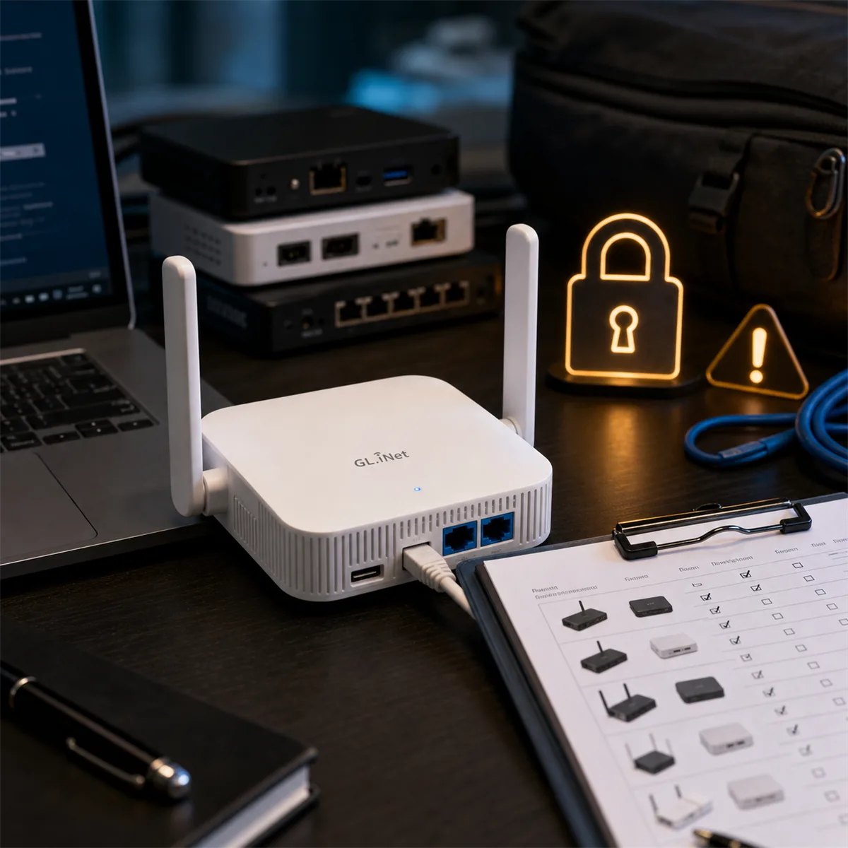 Business owner reviewing small router firmware inventory and remote access risk.