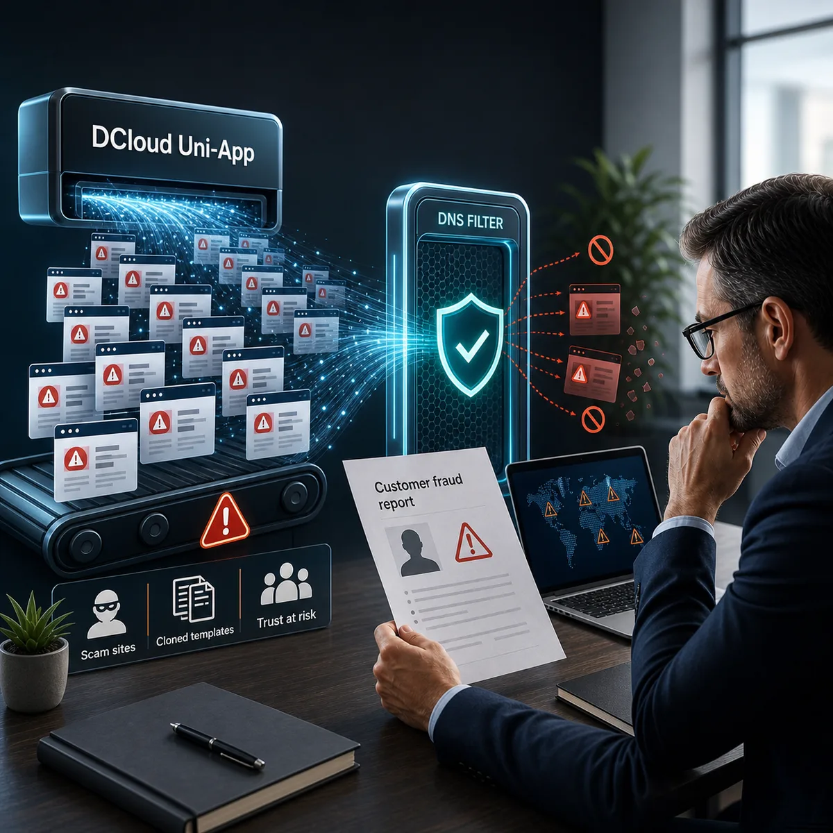 Editorial image showing scam website infrastructure, DNS security review, and customer fraud response in a business setting.