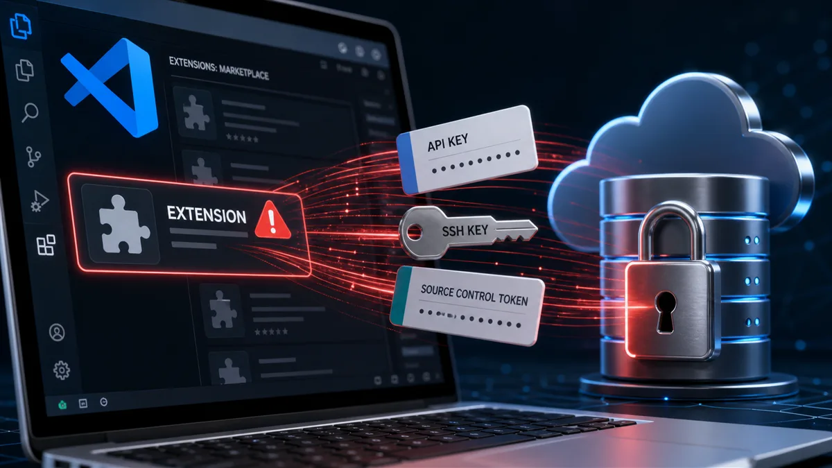 Editorial image of a code editor extension panel exposing developer credentials and API keys.