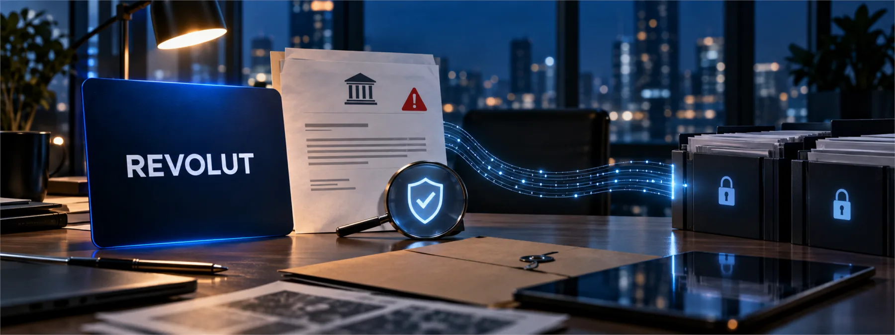 Editorial image of a business owner reviewing a suspicious official data request before releasing sensitive customer records.