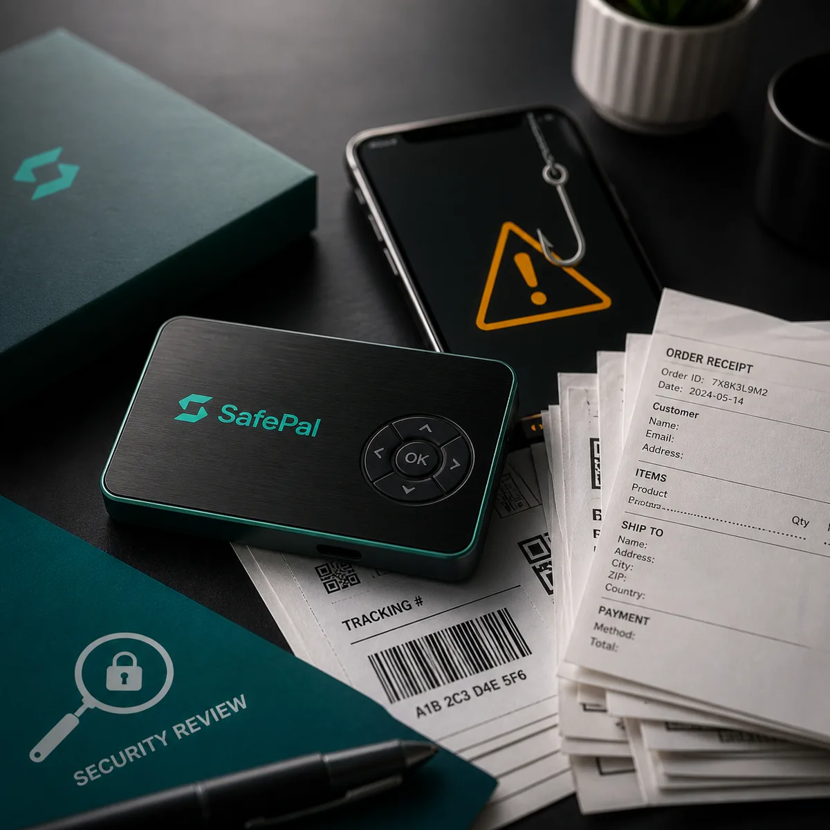 Editorial image showing SafePal order data, a hardware wallet, and phishing warnings around customer information.
