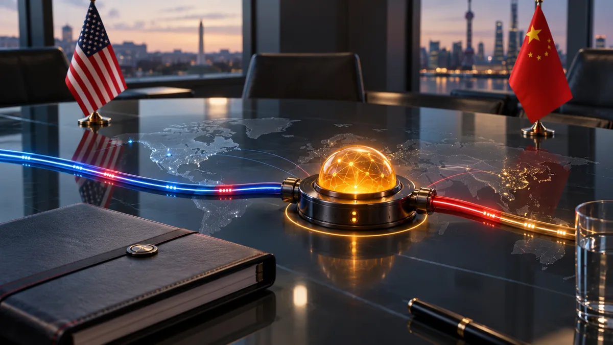 Editorial image of U.S. and China desk flags, secure hotline terminals, and a glowing AI incident coordination globe on a conference table.