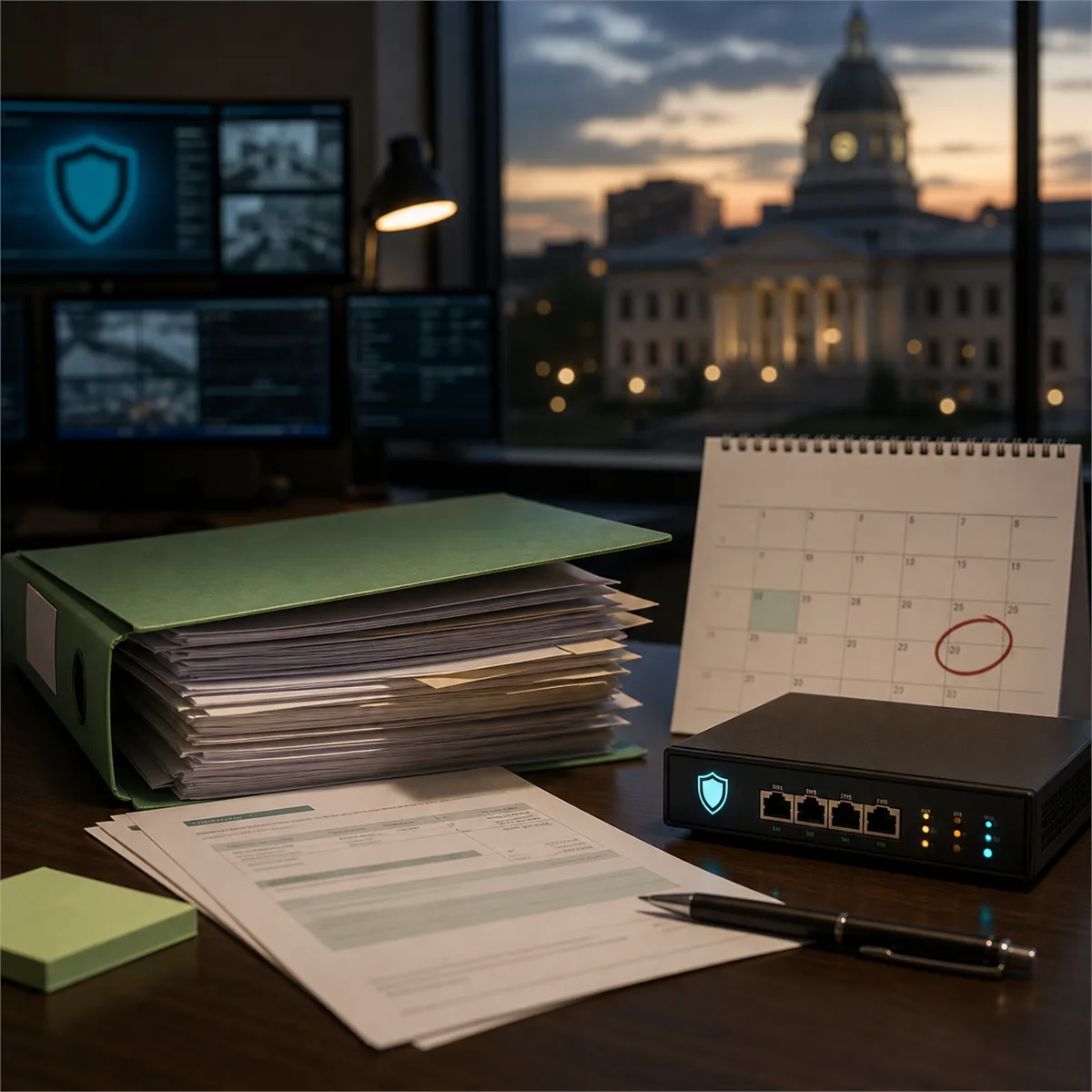 Editorial image showing local government cybersecurity funding, a calendar deadline, and monitored public-service systems