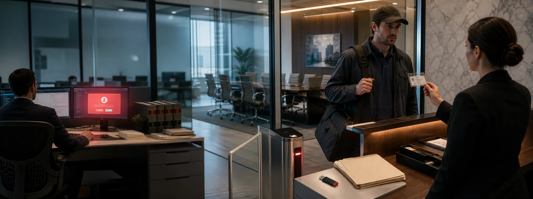 A business employee pauses before granting remote access to a caller pretending to be IT support.