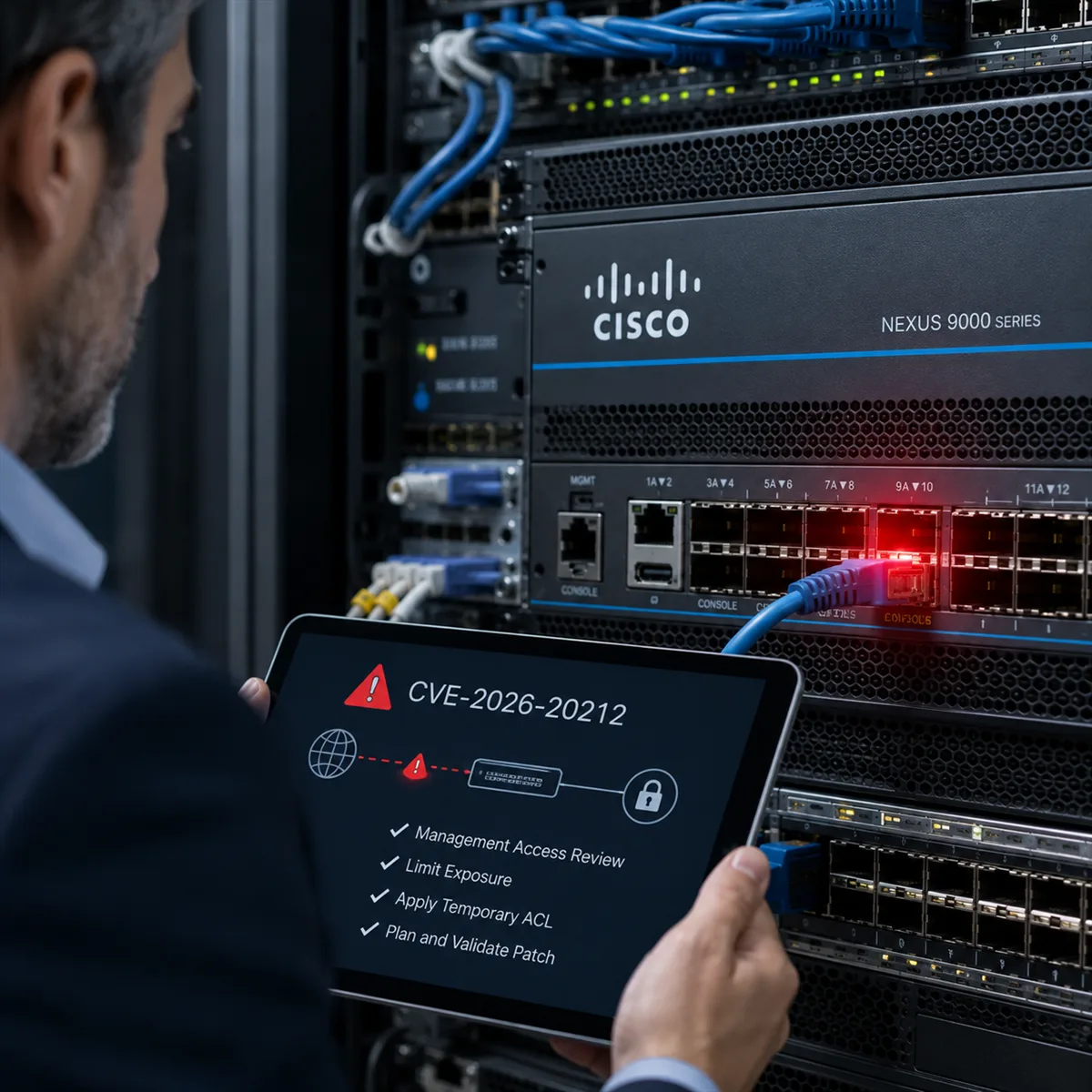 Editorial image of a network switch management console and access-control review for a Cisco Nexus 9000 security advisory.