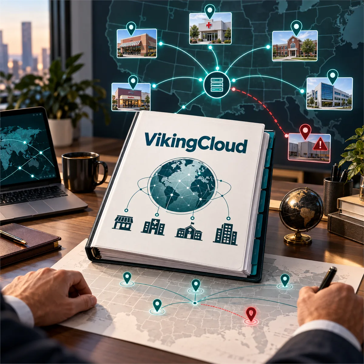 Editorial image of a business owner reviewing cybersecurity standards across multiple connected business locations and vendors.
