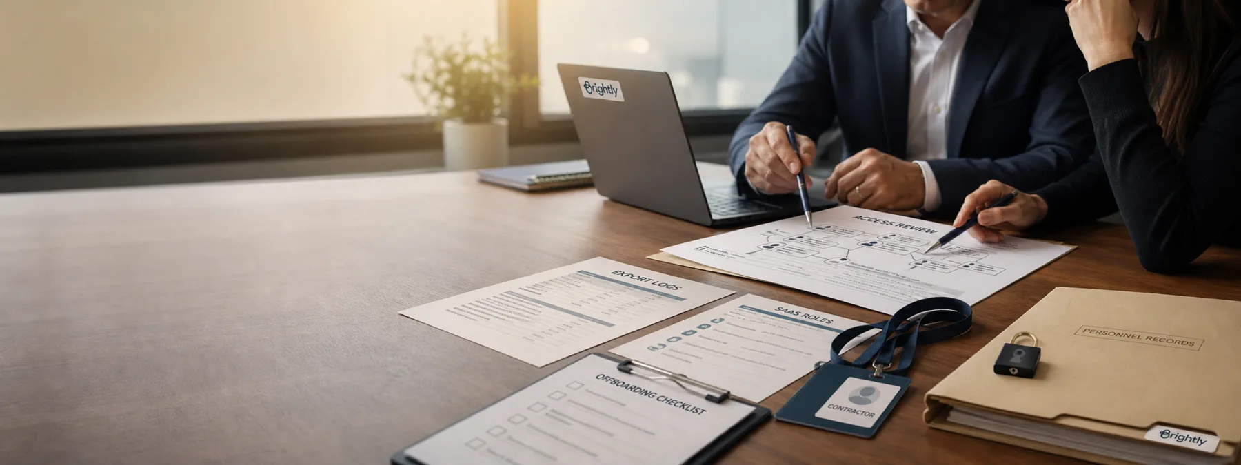 A business owner reviewing contractor access records on a secure office workstation.