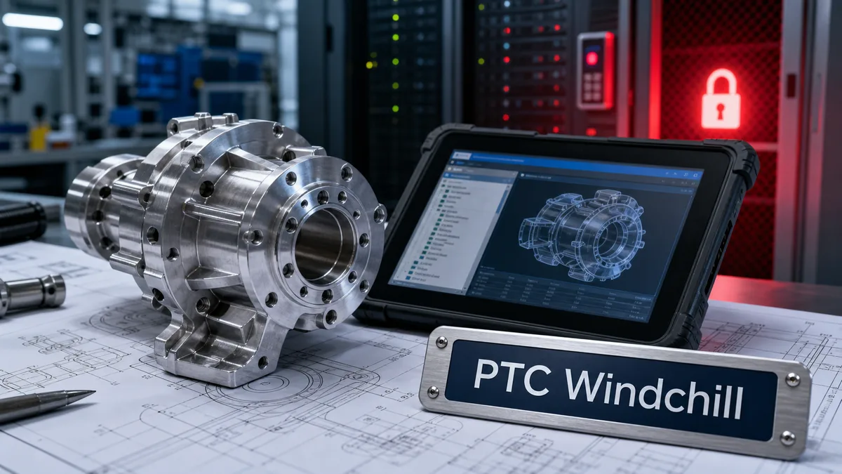 Editorial image showing manufacturing product lifecycle software, engineering files, and ransomware review evidence on an operations desk.
