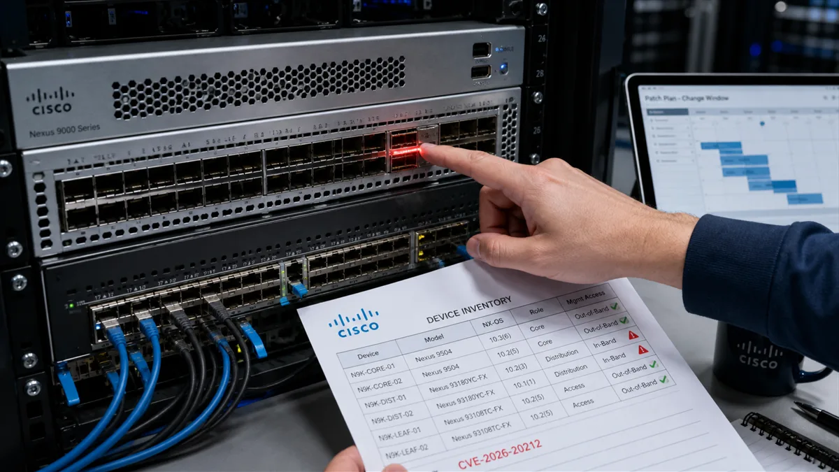 Editorial image of a network switch management console and access-control review for a Cisco Nexus 9000 security advisory.