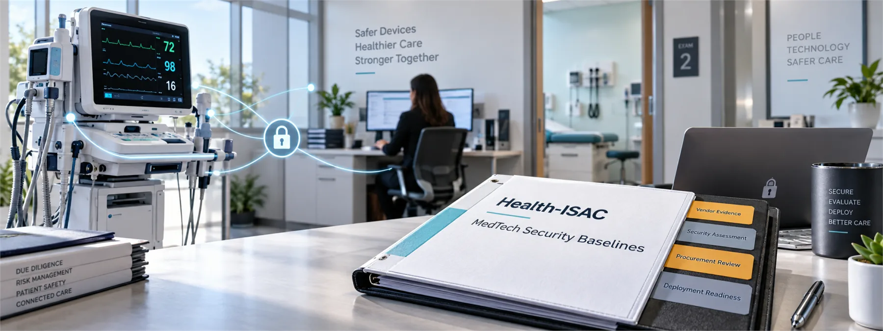 Editorial image of connected medical devices, procurement documents, and cybersecurity evidence review.