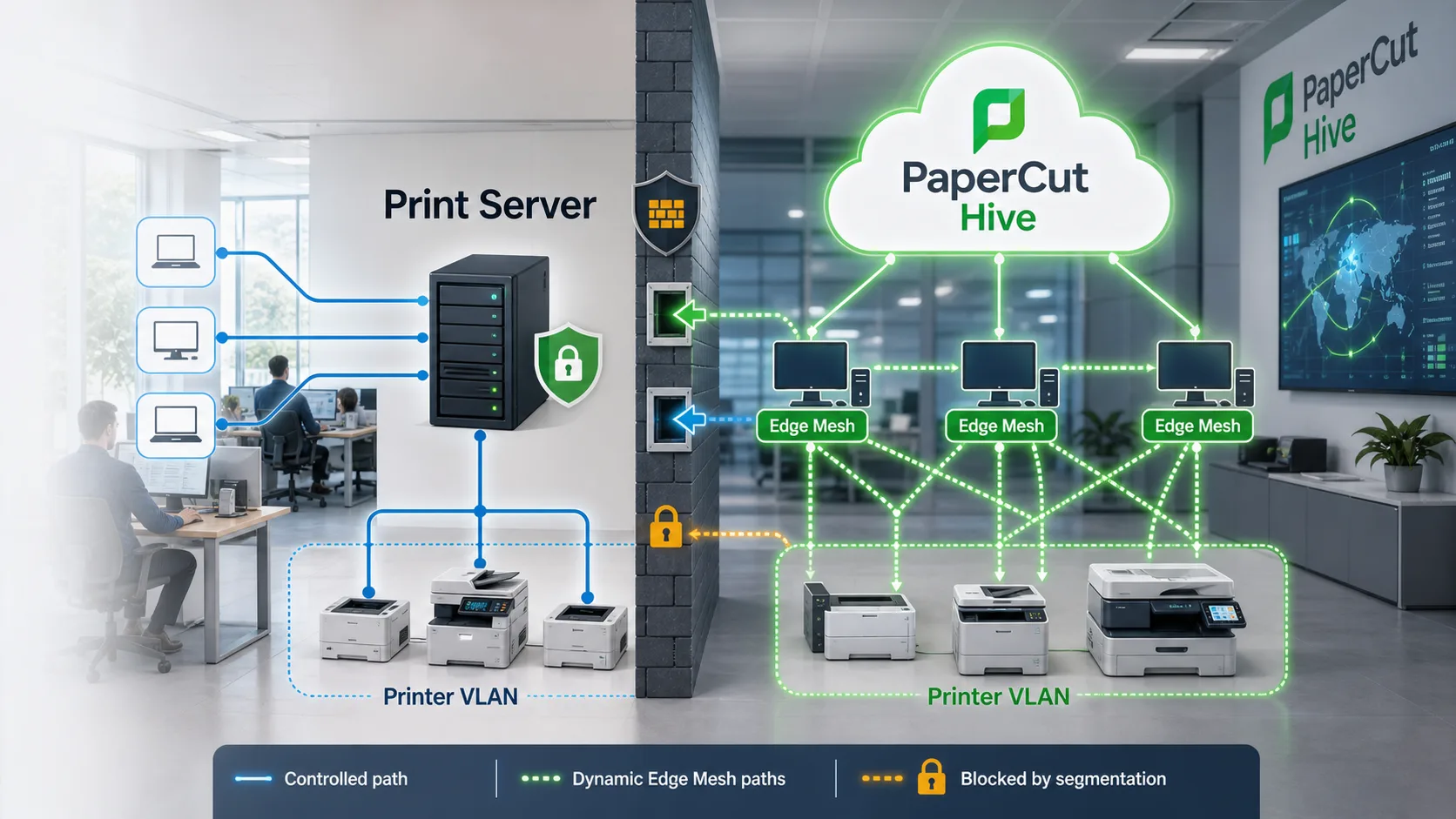 PaperCut Hive print security segmentation illustration showing cloud print edge nodes and printer VLAN firewall paths