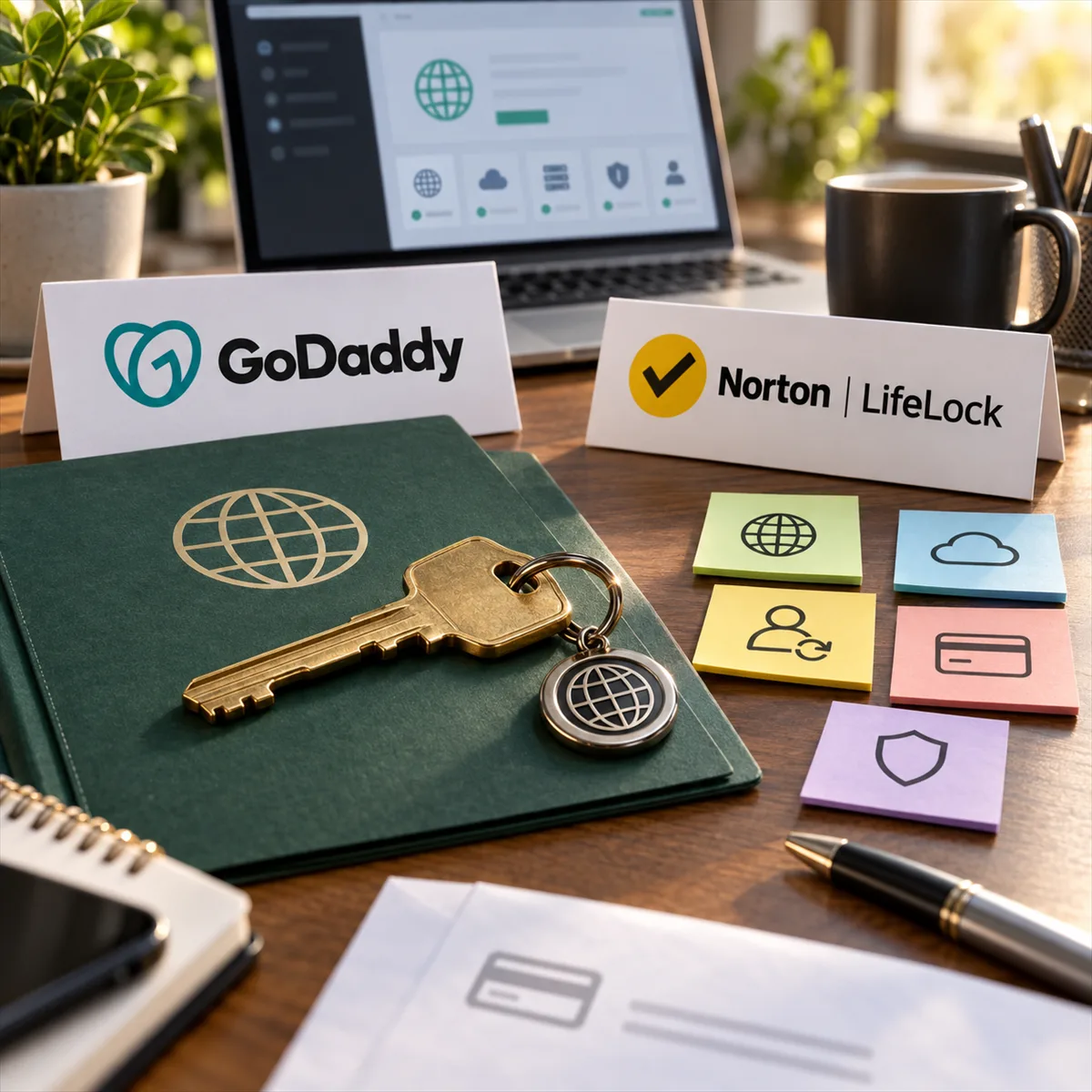 Editorial image of a small business owner reviewing domain, DNS, hosting, and security account ownership on a desk with a laptop and account inventory notes.