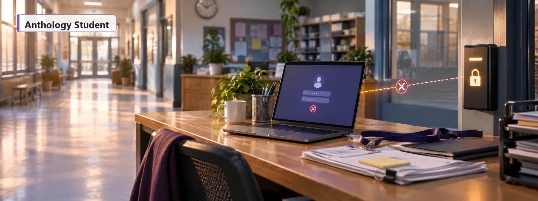 Editorial image of a school operations desk with a laptop showing a student system status dashboard and secure access controls.