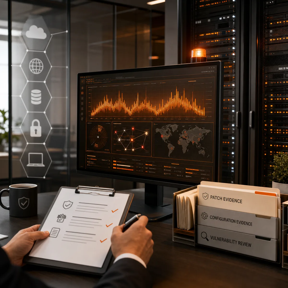 Editorial image of a monitoring platform under review with patch evidence and risk signals around a Splunk-style log console.