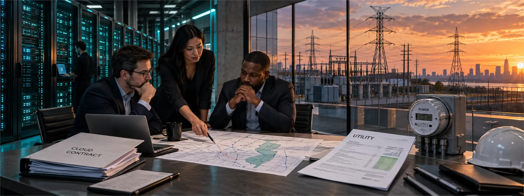 Editorial image of an AI data center, power grid lines, and business utility cost planning.