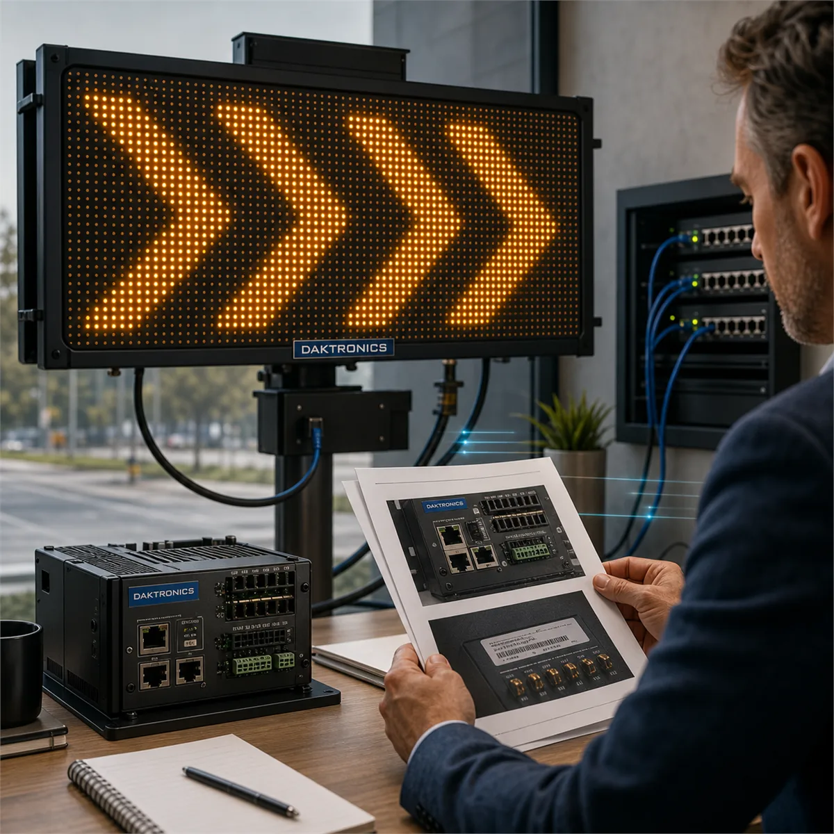 Editorial image showing a networked digital sign controller under firmware and password review, with vendor evidence and network segmentation context.