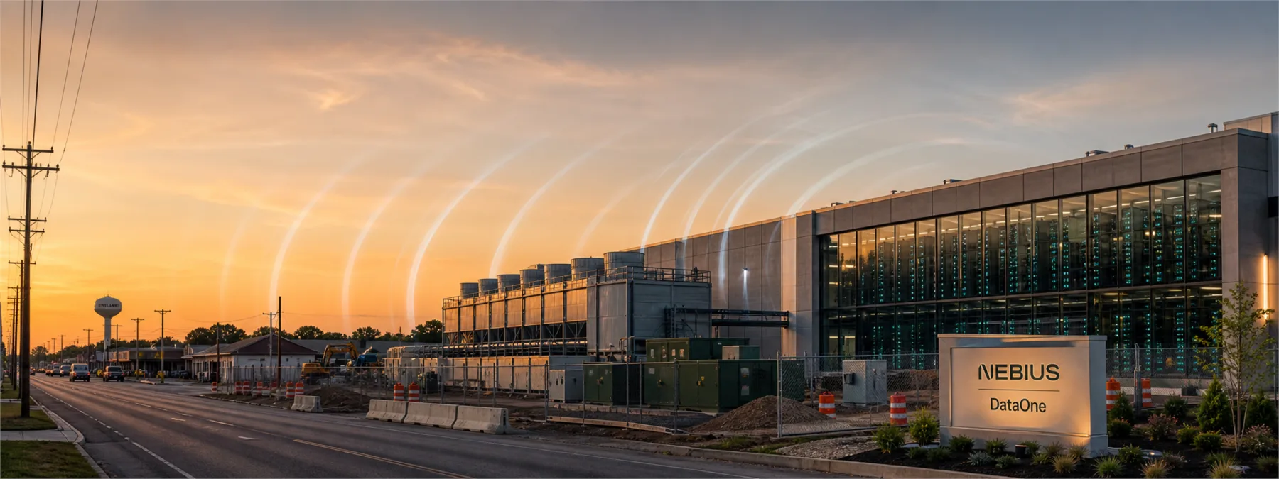 Editorial image of a South Jersey AI data center at dusk with visible power and sound-wave cues for infrastructure planning.