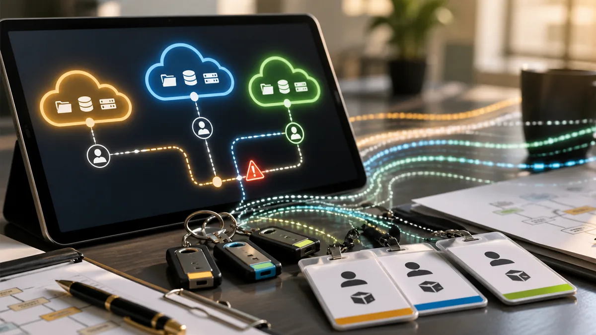Editorial image of cloud access settings, identity keys, service accounts, and logging evidence under business review.