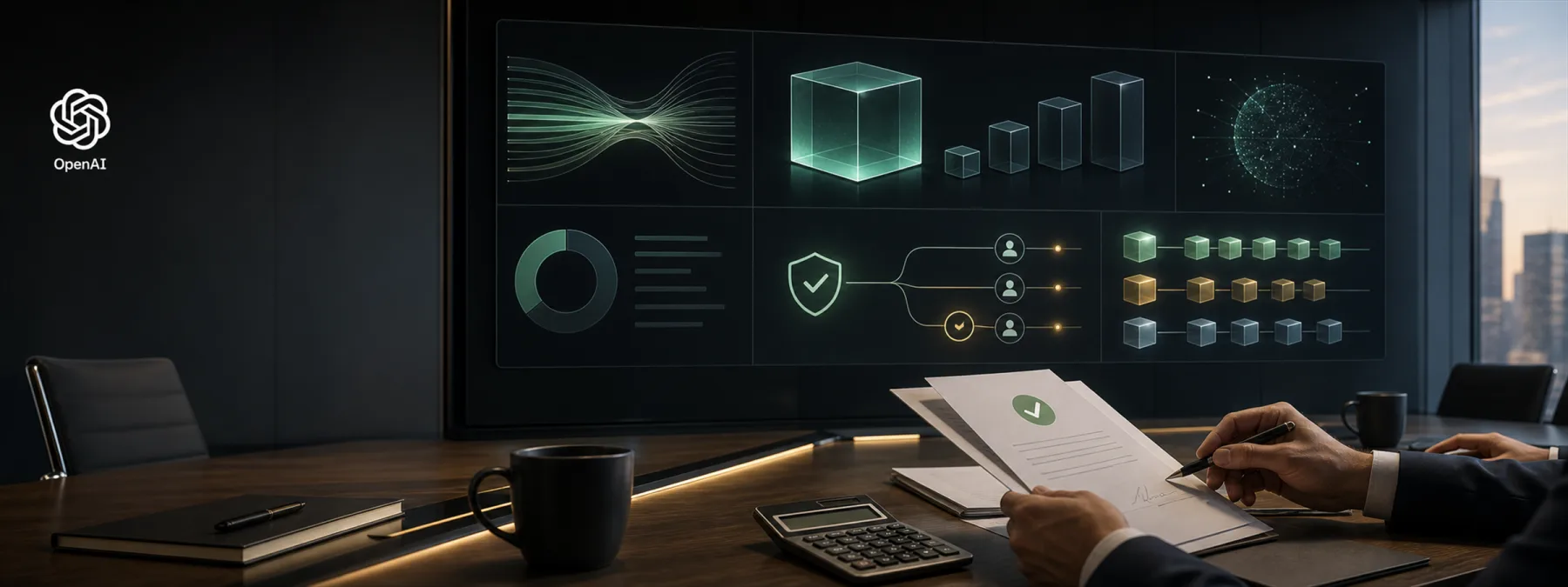 A business owner reviews an AI budget dashboard with OpenAI and ChatGPT usage controls represented on a modern workspace screen.