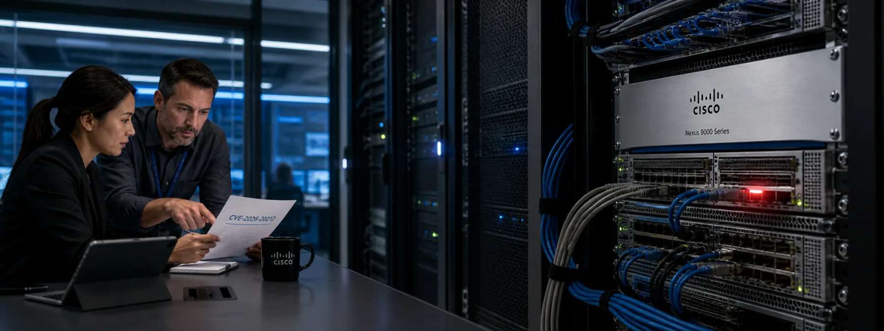 Editorial image of a network switch management console and access-control review for a Cisco Nexus 9000 security advisory.