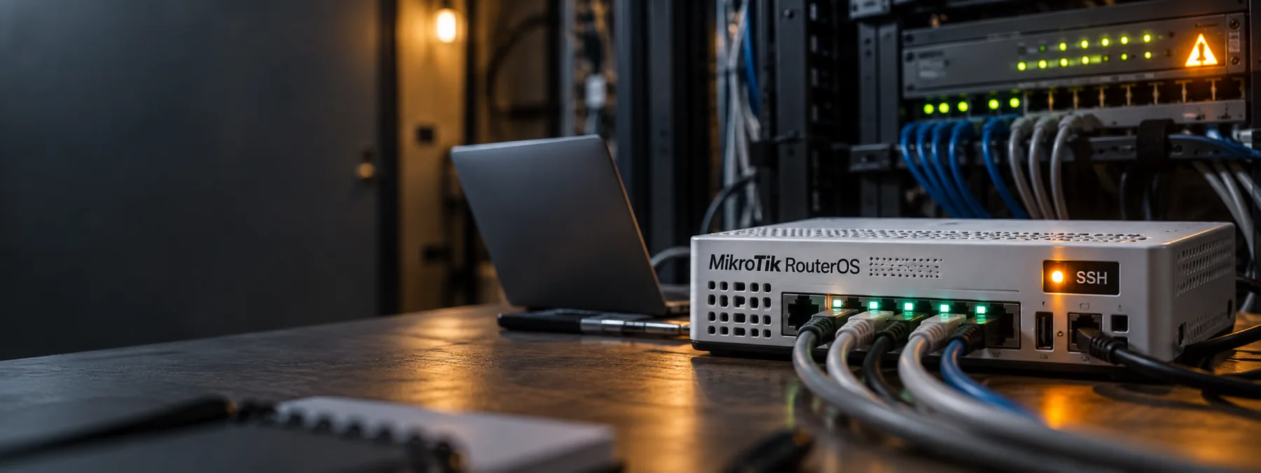 Editorial image of a small business network router and access review notes showing edge-device inventory and SSH exposure checks.