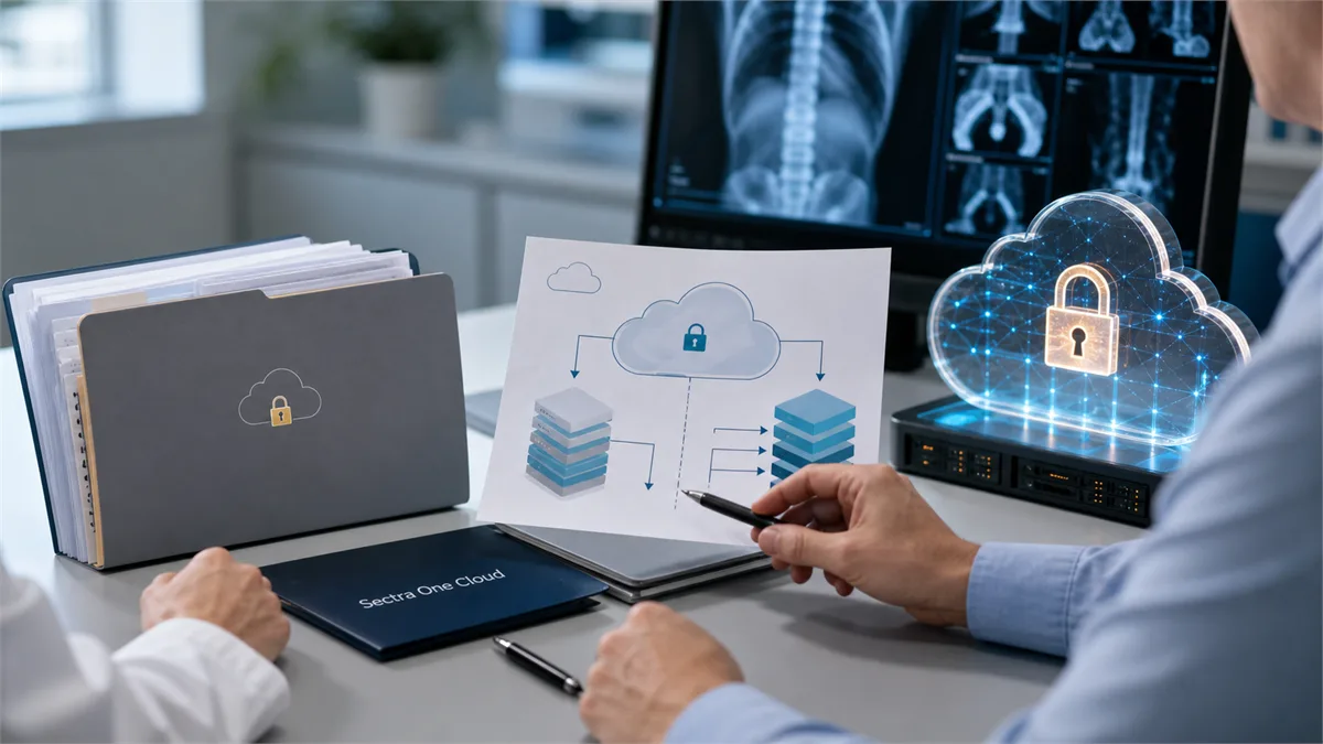 Editorial image of healthcare imaging data moving into a secure cloud review process.