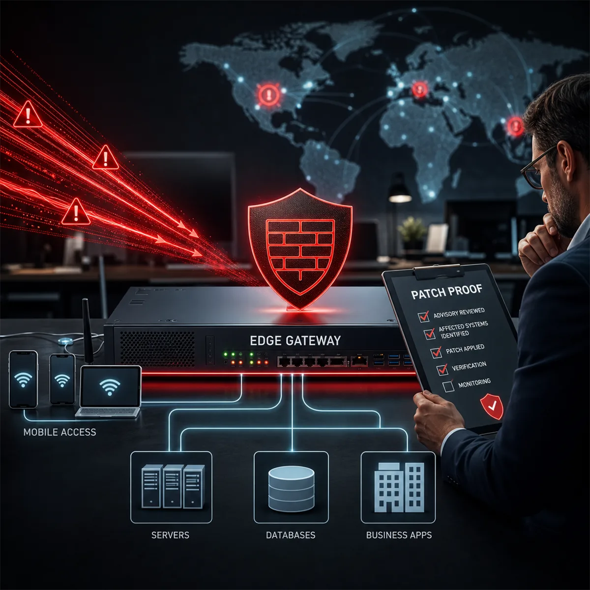 Editorial image of an exposed mobile gateway appliance under attack while a business owner reviews patch evidence and compromise checks.