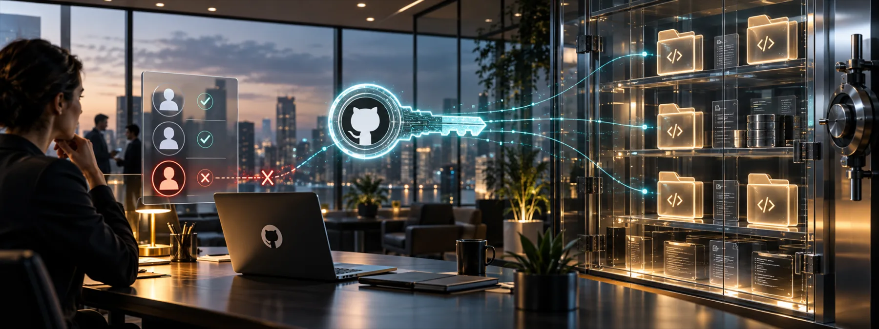 Editorial illustration of developer offboarding, GitHub repository access, and OAuth token review after a software supply chain incident.