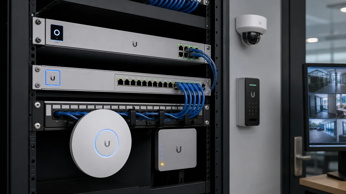 Editorial image about a Ubiquiti UniFi network controller, building systems, and patch ownership for business networks.