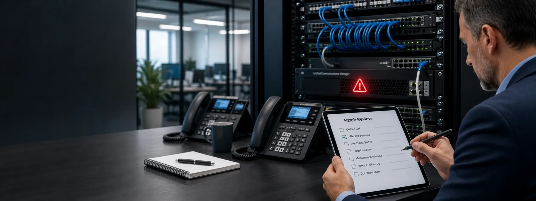 Business owner reviewing Cisco phone system patch status and vendor accountability for a VoIP communications platform.