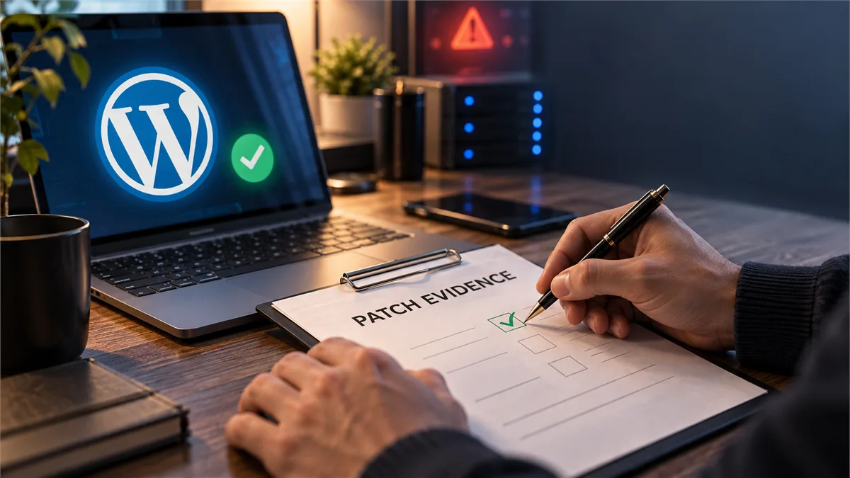 Editorial image of a business owner reviewing WordPress patch evidence and hosting security records.