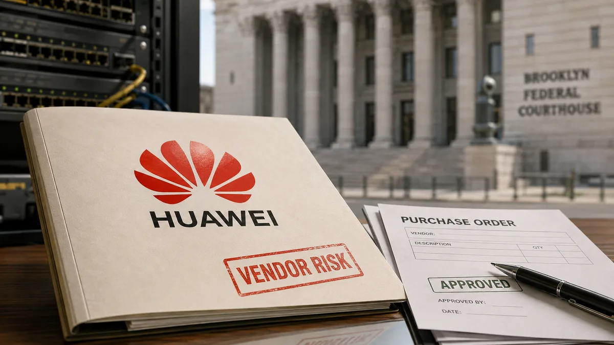 Editorial image of a technology vendor risk review with Huawei and courthouse context.