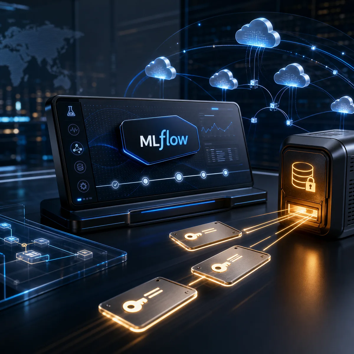 Editorial illustration of an AI tracking dashboard connected to cloud credentials and access controls