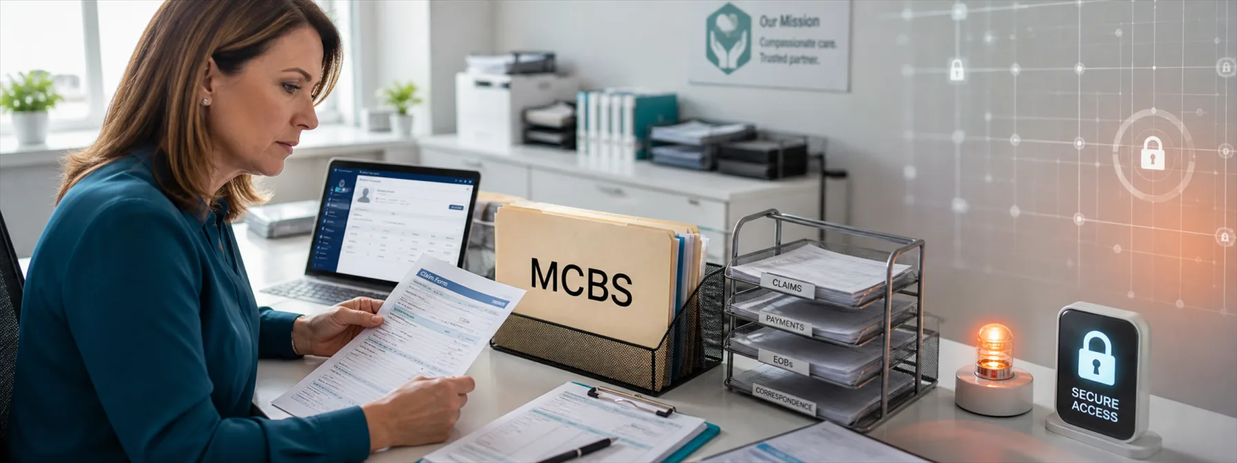 Editorial image of a medical billing vendor records review with healthcare data, invoices, and secure access controls.