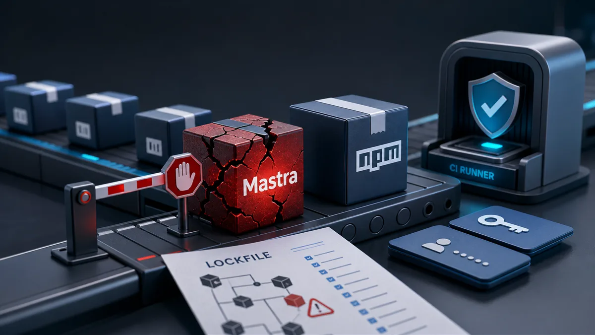 Editorial image showing an AI software build pipeline under dependency review after the Mastra npm supply-chain attack.