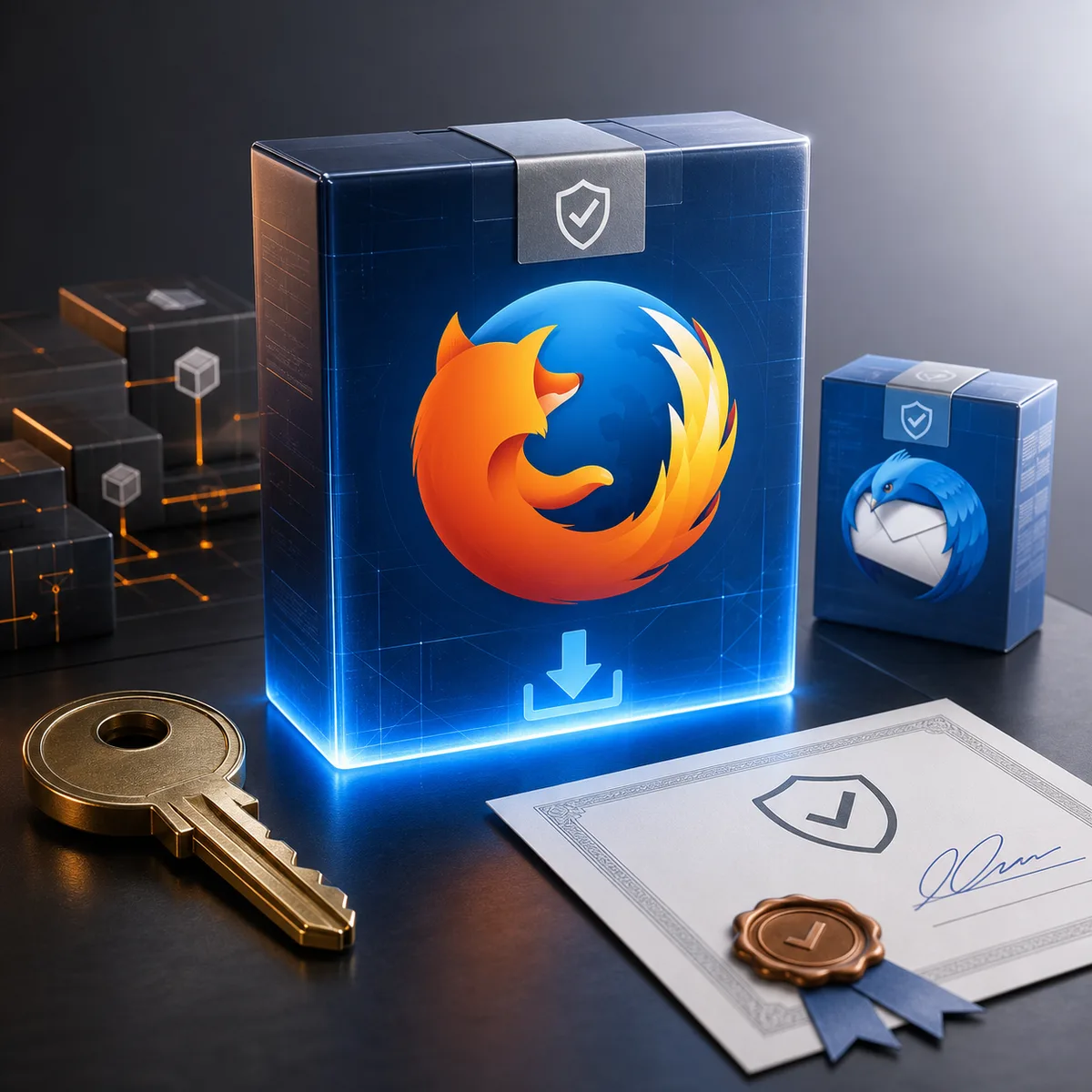Editorial image of a Firefox browser update and signing key being verified before software deployment.