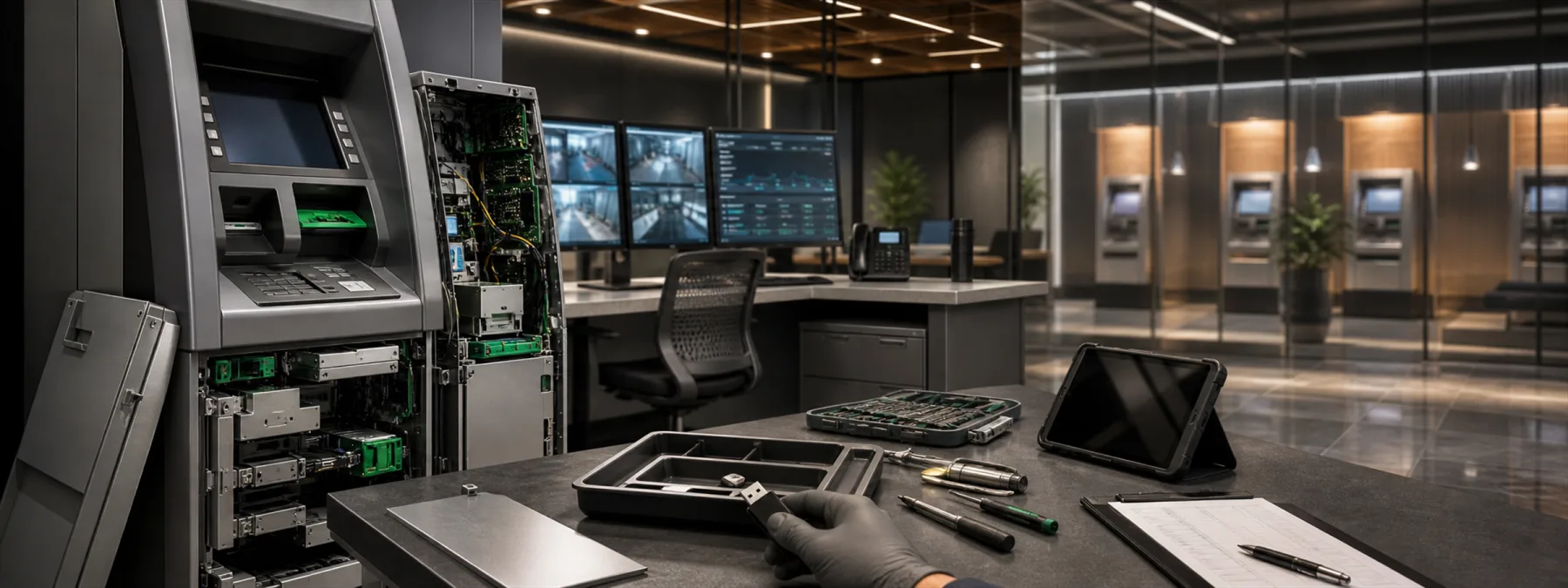 Editorial image of an ATM being reviewed as a managed IT asset with physical access, malware, and audit trail signals.