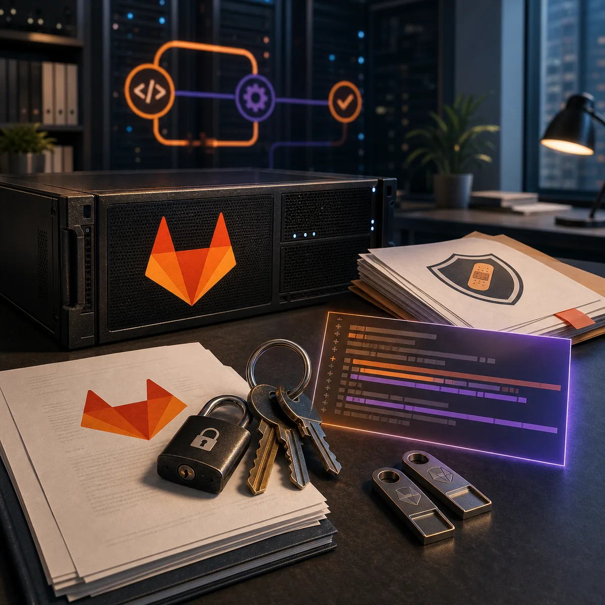 Editorial image showing a business owner reviewing self-managed GitLab code hosting, patch status, and CI/CD secret exposure.